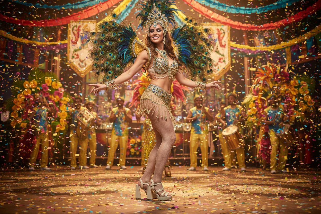 A woman in a feathered carnival costume dances amid confetti, her Piccadilly Ref 818010 Special Occasion Glamorous Sandal in Gold Sparkling as musicians play and festive decorations enhance the joyful scene.