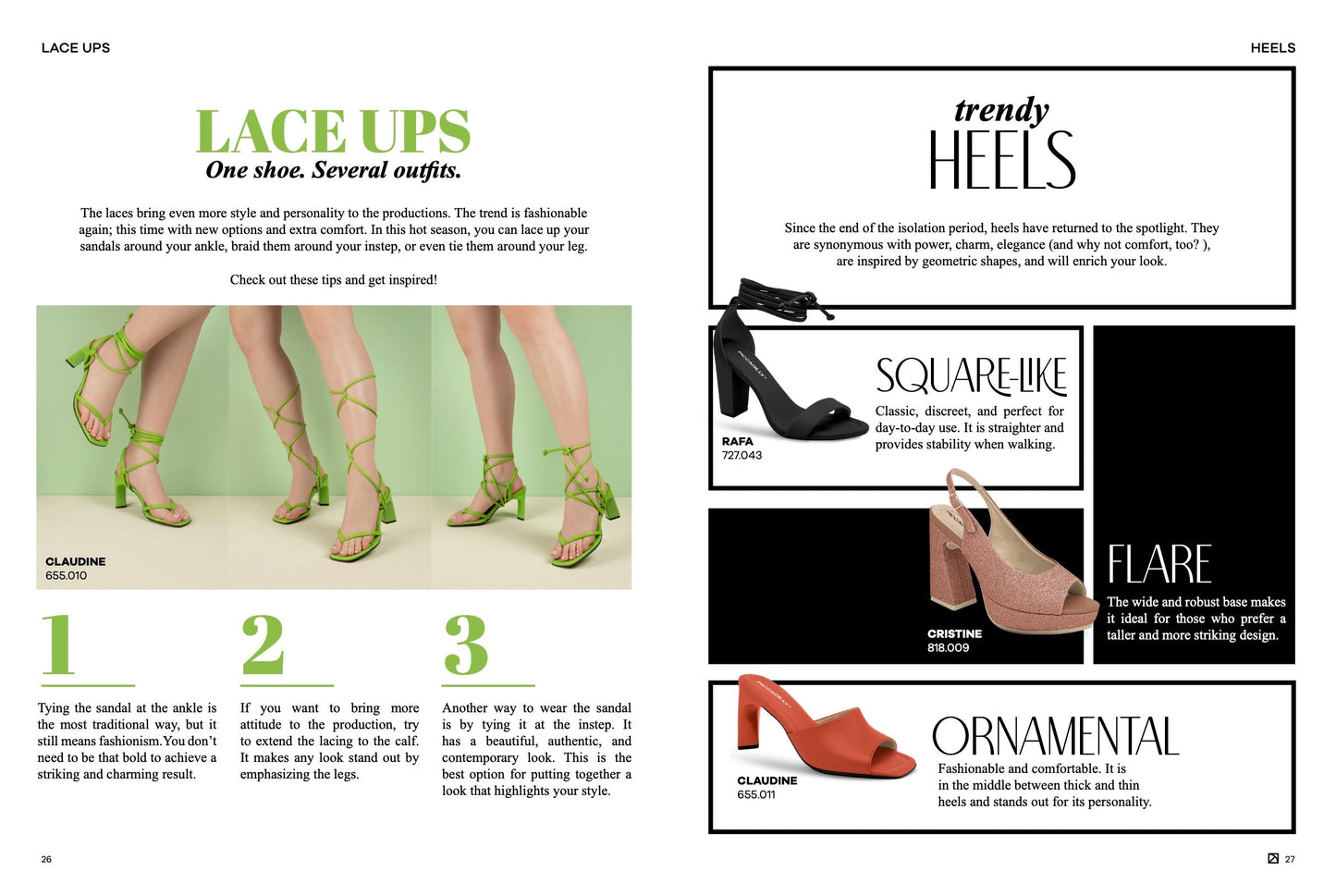 A magazine spread shows three women wearing green lace-up heels with styling tips on the left page; the right highlights the ORNAMENTAL Piccadilly Ref 655011 Trendy Heel, a pinnacle of Brazilian craftsmanship with unique shapes.