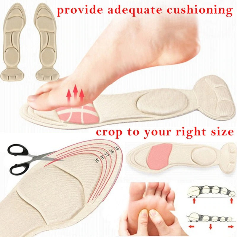 Champagne High-Heel Fashion Insoles for Women—1 Pair of comfortable, breathable inserts—shown in and out of heels; foot pressing on cushioned insoles, scissors cutting to size. Text highlights cushioning and customizable fit.
