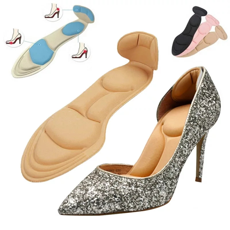 The Champagne High-Heel Fashion Insoles for Women offer one pair of comfortable, breathable inserts in beige. Also shown: anti-slip insoles in beige, blue, and black, plus illustrations of insoles inside shoes for added support.