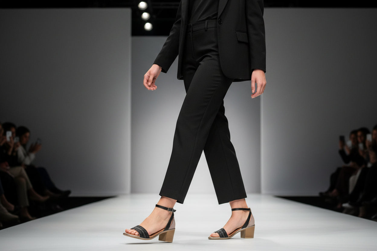A model walks the runway in a black tailored suit with cropped pants and Ramarim 1871404 Women Fashion Comfortable Sandal in Black. Audience members are visible in the background, some taking photos.