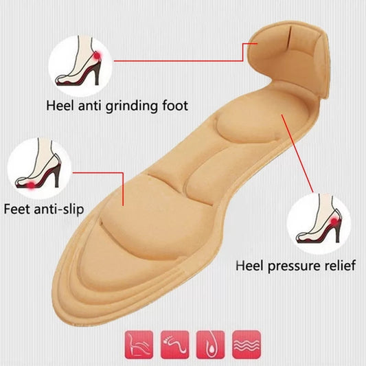 Champagne High-Heel Fashion Insoles for Women offer comfort and breathability with heel anti-grinding, pressure relief, and anti-slip features. Diagrams show high-heel pressure points; four icons highlight lasting comfort and breathability. 1 pair per pack.