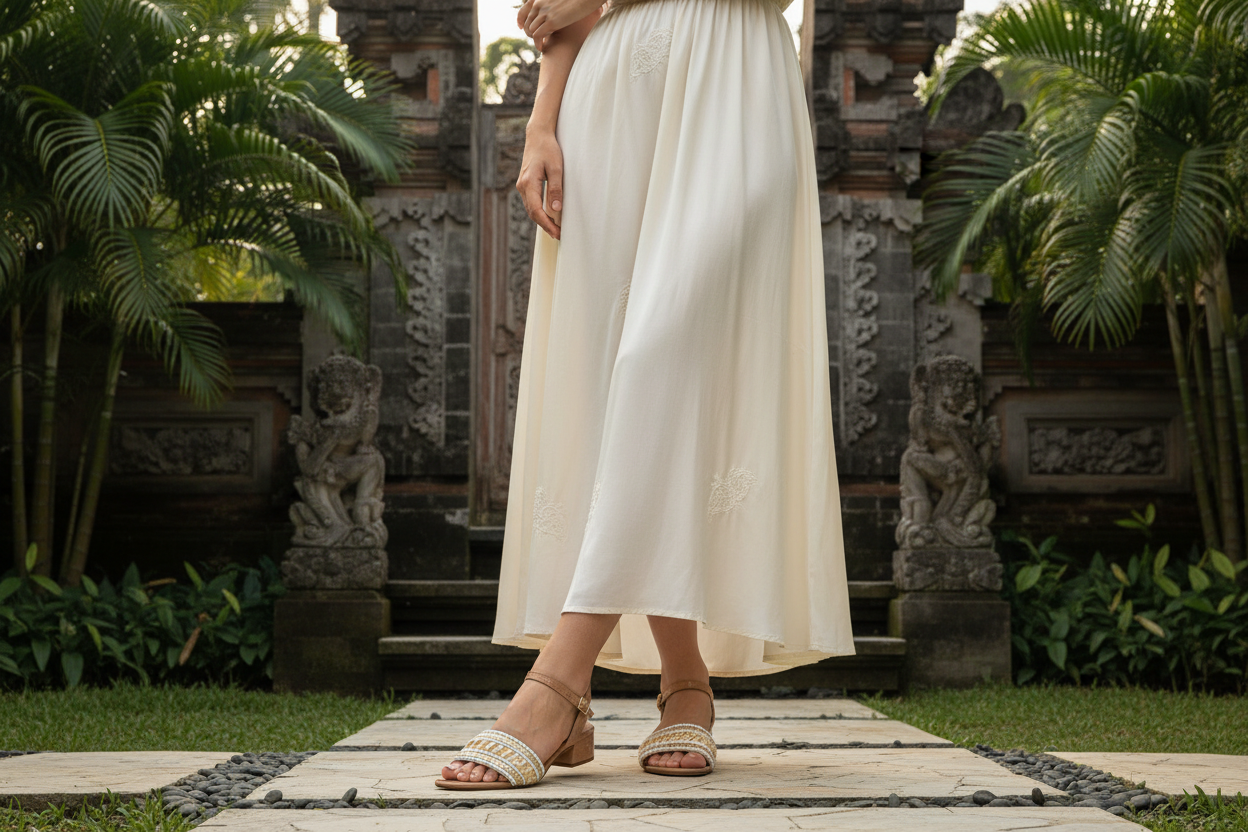 A person in a flowing white dress and Beira Rio 8374.106-1352 Women Fashion Low Heel Summer Sandal Comfort in Natural Caramel stands on a garden stone path with palm trees and statues, capturing easy summer style.