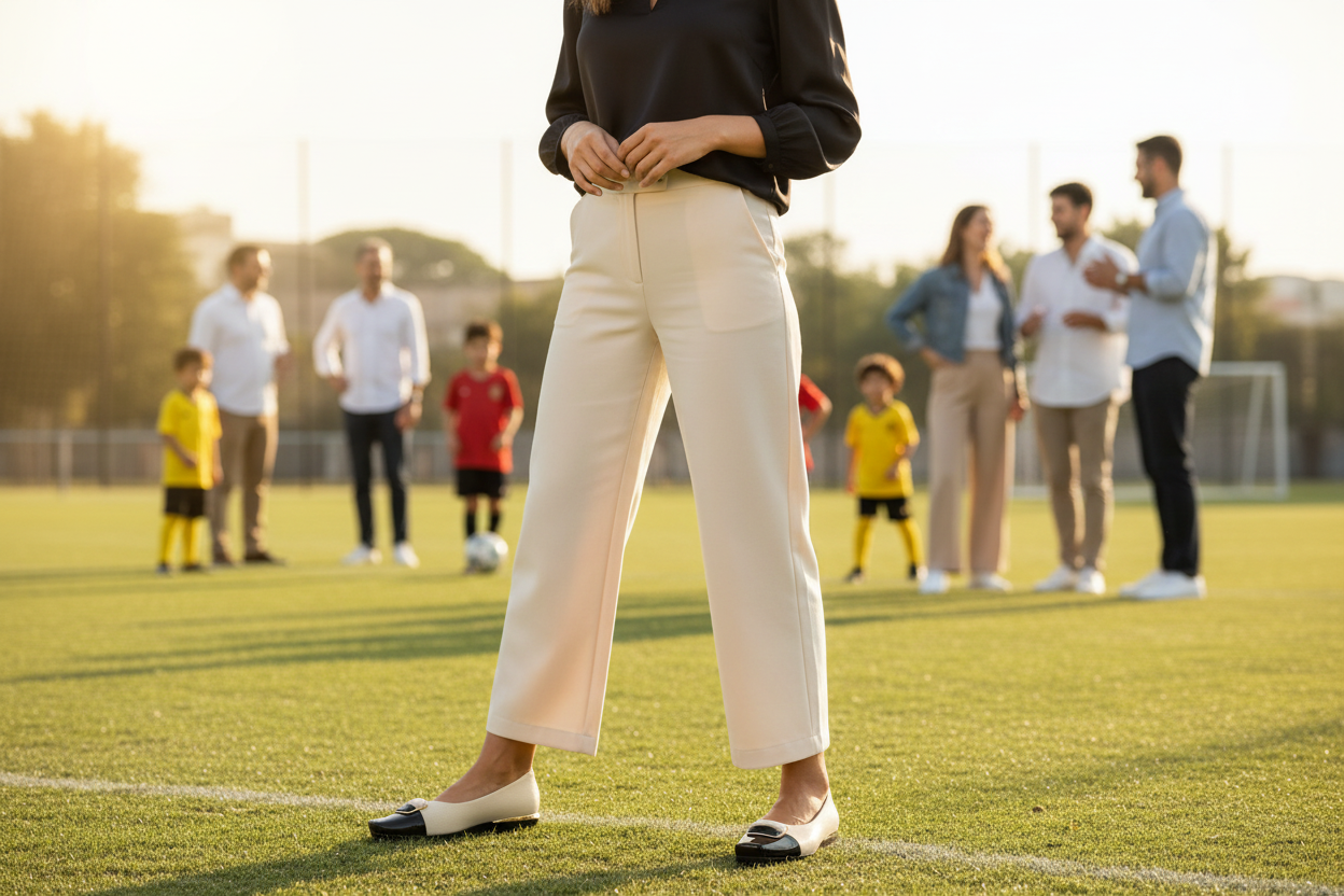 Wearing the Piccadilly Therapy Business Wedge Shoe in Off-White-Black (Ref: 147304-02), a woman stands comfortably on a soccer field while adults and kids, some in uniforms, play and chat by the goal under the sunny sky.