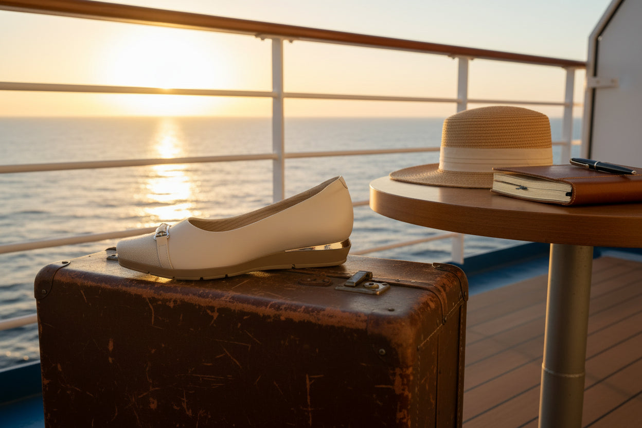 The Piccadilly Therapy Business Wedge Shoes Ref: 147305-05 Off-White rest on a vintage suitcase beside a round table with a straw hat, notebook, and pen on a ship deck at sunset, overlooking the calm ocean.