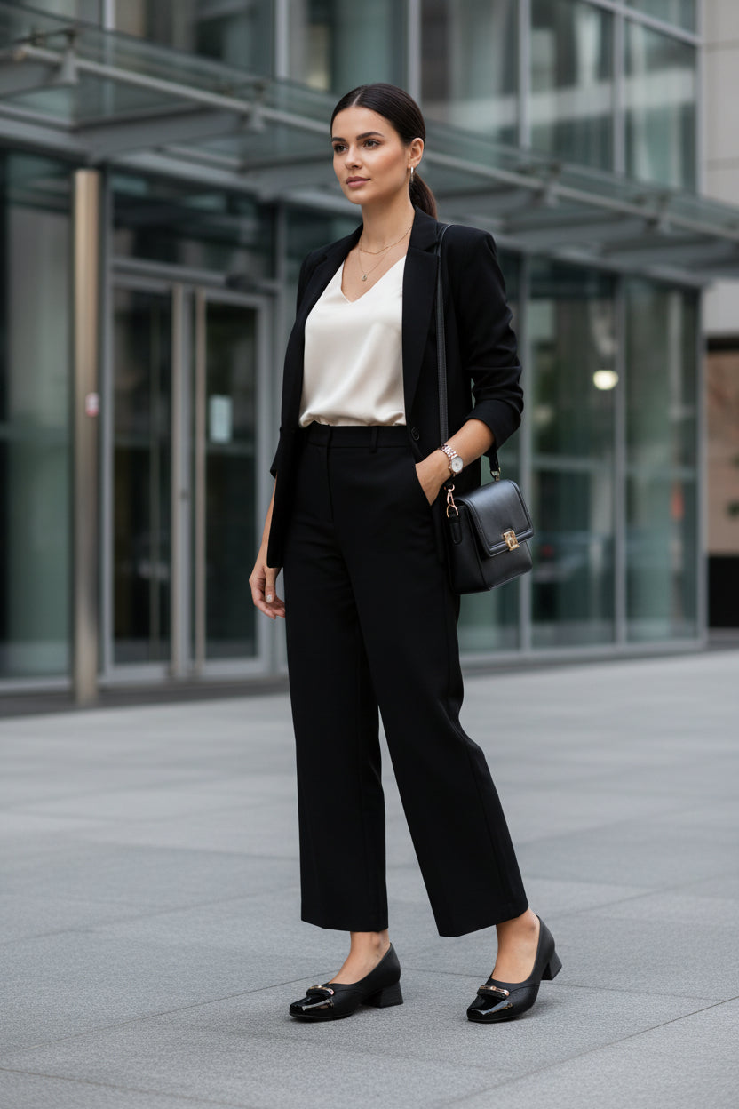 A woman stands outside a modern glass building in cropped black trousers, a white blouse, and Piccadilly 160078 Women's Comfortable Work Low Heels - Black, carrying a small black handbag with her dark hair pulled back.