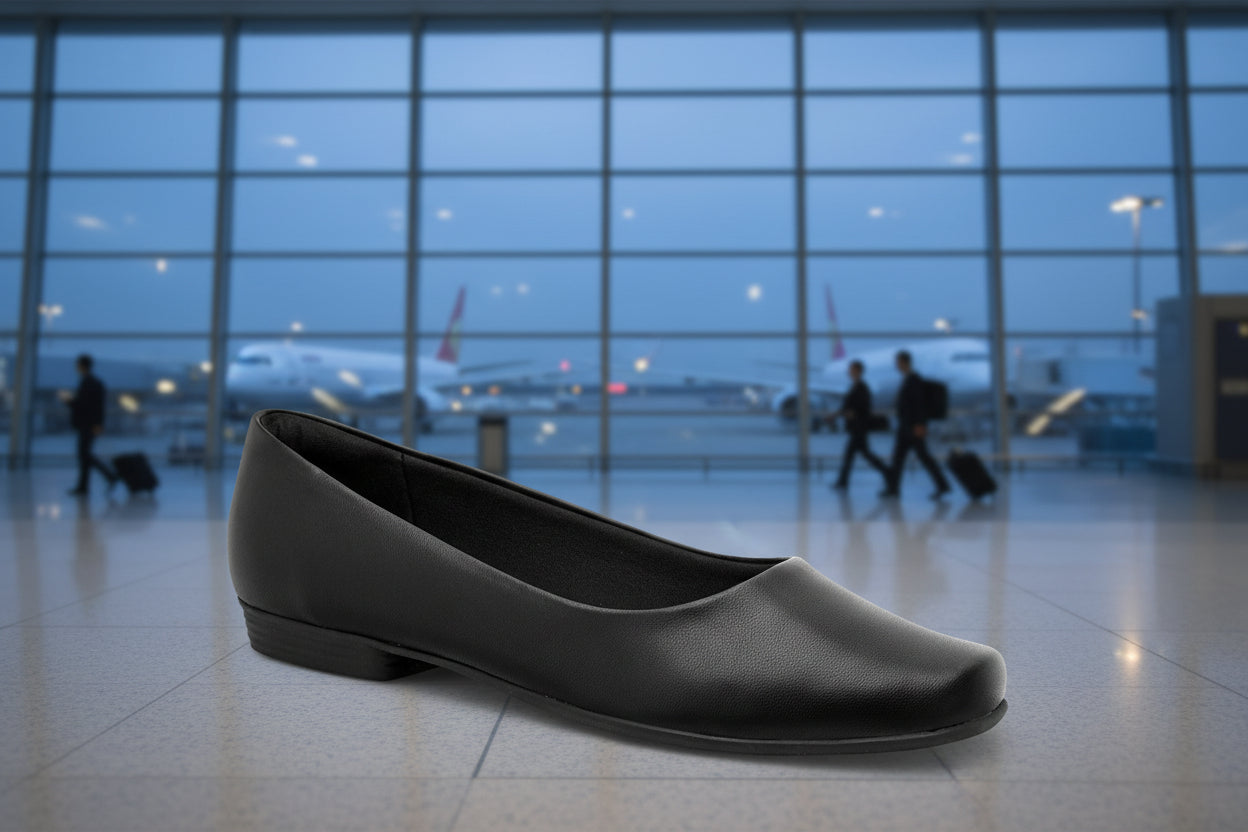 A Piccadilly Ref: 250115-1052 Business Court Flat Shoe in Plane Black sits on a shiny airport floor, with large windows behind it showing airplanes and travelers with luggage.