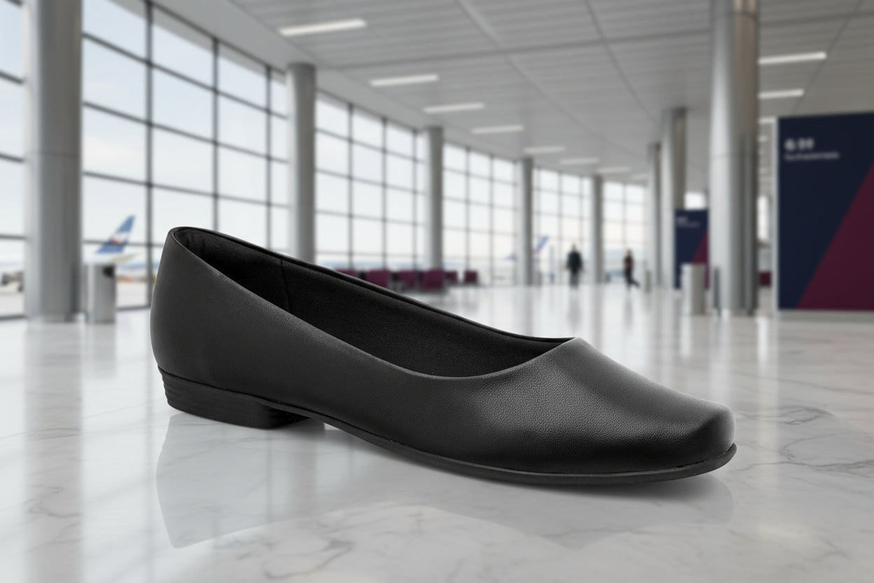 A single Piccadilly Ref: 250115-1052 Business Court Flat Shoe in Plane Black, a comfortable women's flat for flight attendants, rests on a shiny airport floor with large windows and blurred airplanes outside.