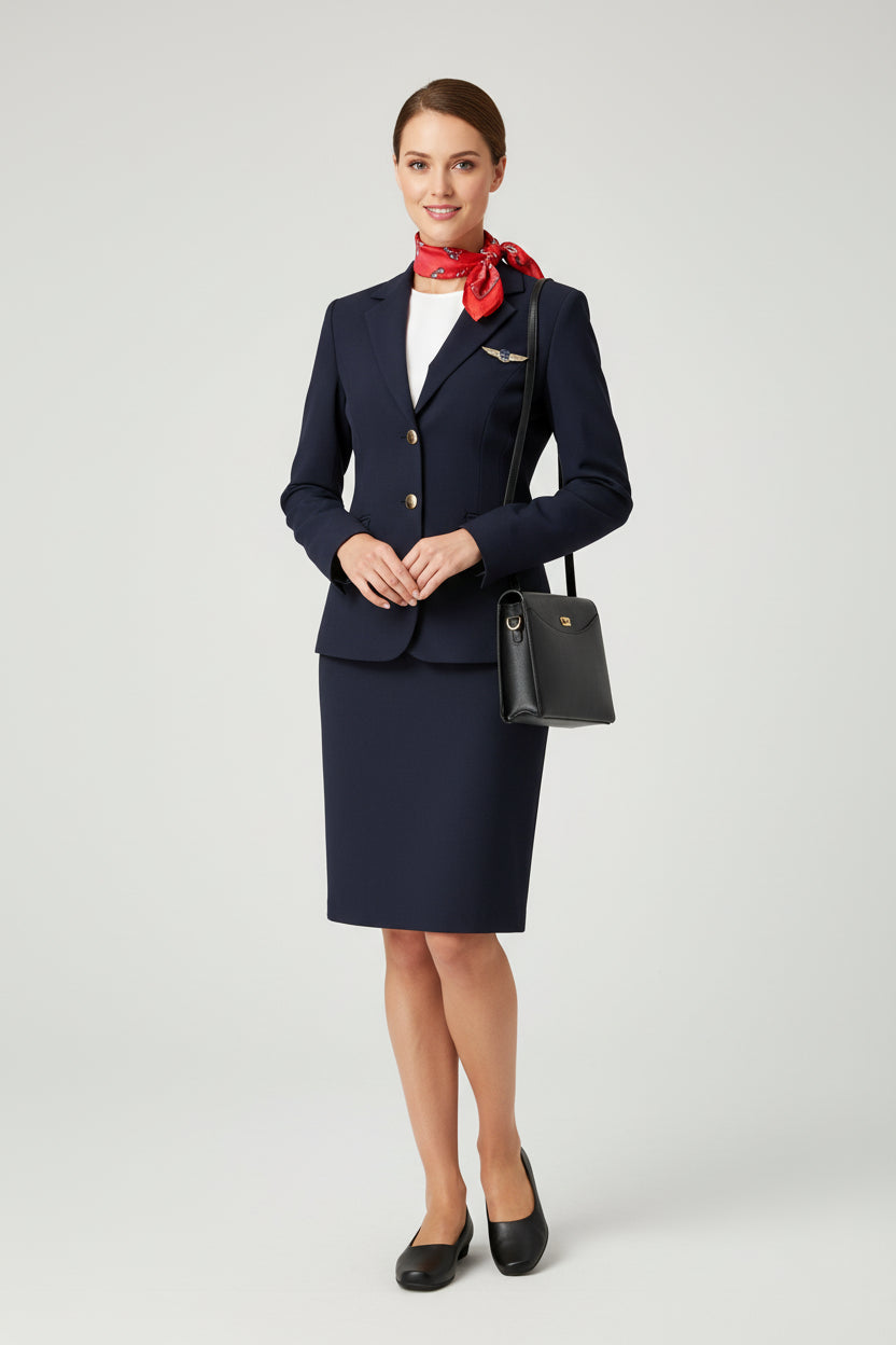 A woman in a navy blue blazer and skirt, white top, red neck scarf, and Piccadilly Ref: 250115-1052 Business Court Flat Shoe in Plane Black smiles and holds a black handbag against a plain light gray background.