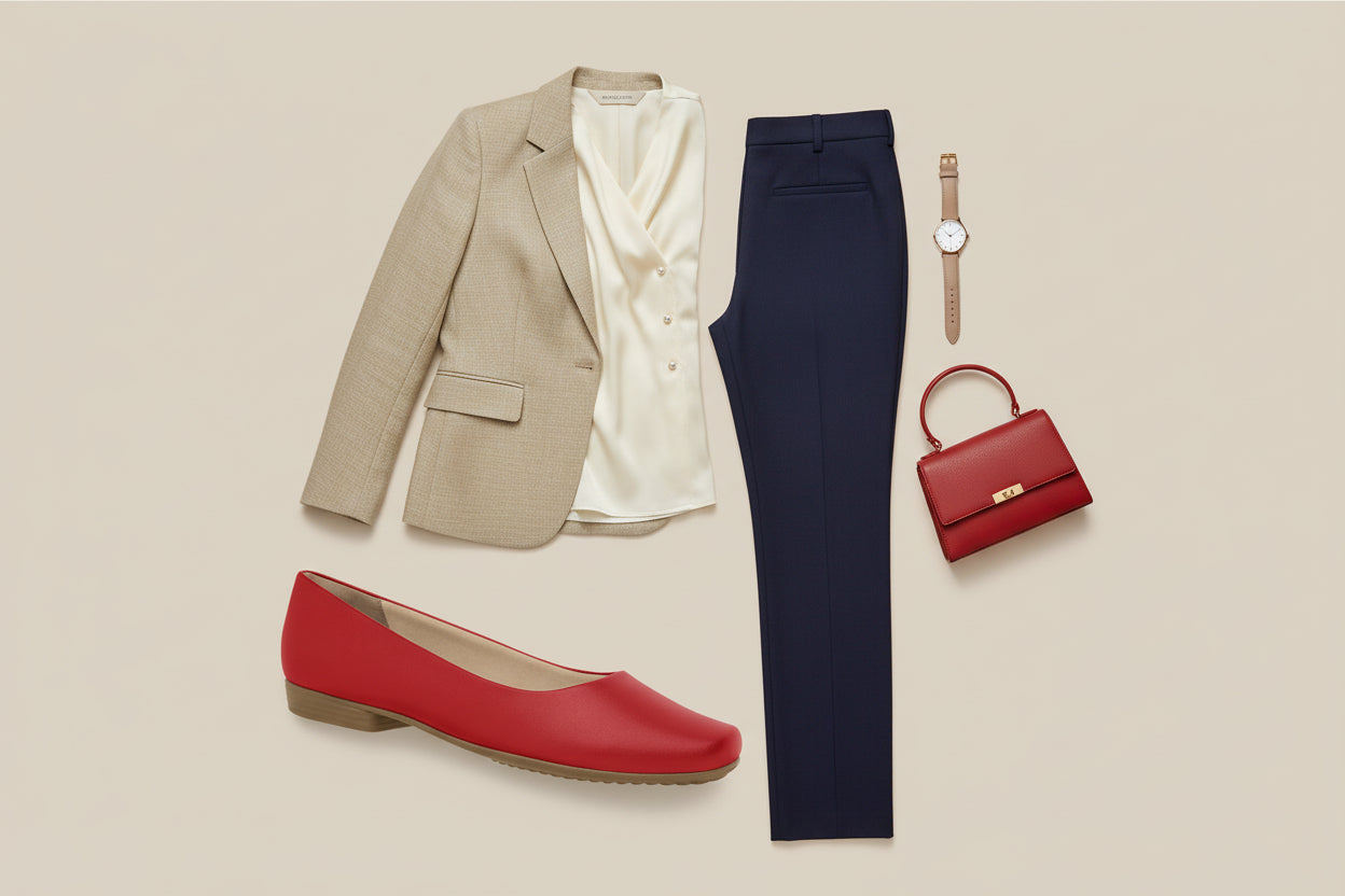 Flat lay of women's business attire: beige blazer, cream blouse, navy trousers, Piccadilly Chic Flat - Red (Ref 250166-140), small red handbag, and tan wristwatch—arranged on a light beige background for an effortlessly stylish look.