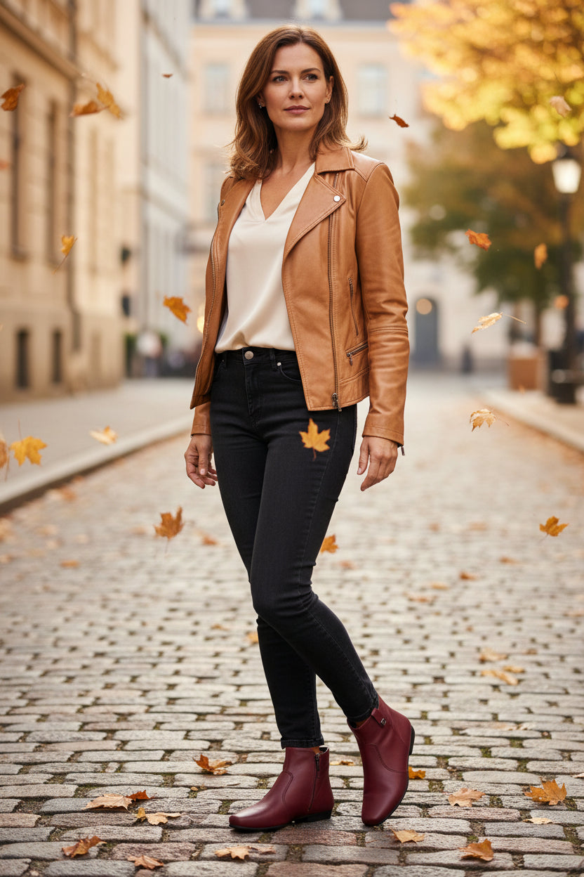 A woman stands on a cobblestone street in autumn, framed by colorful trees and falling yellow leaves, wearing a tan jacket, white blouse, black jeans, and the Piccadilly Low Heel Ankle Boot - Soft Ruby (Ref 250231-02).
