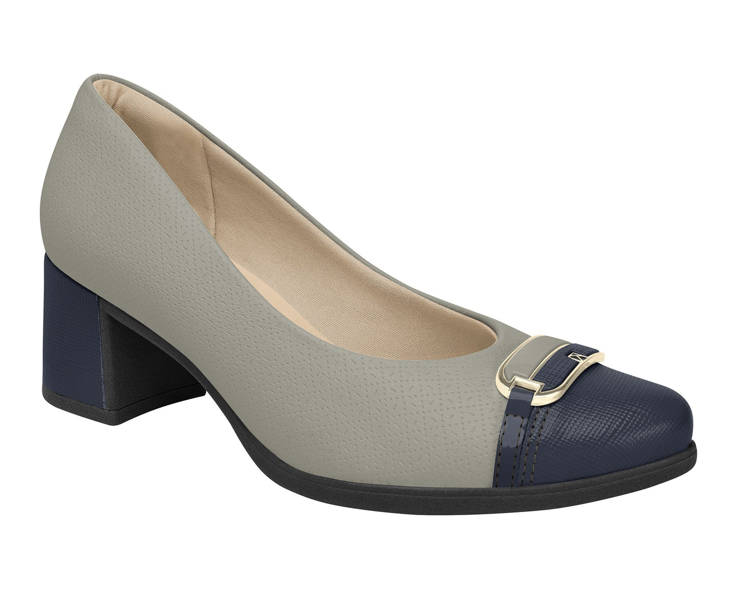 Gray shoe with navy accents and a gold buckle on a white background