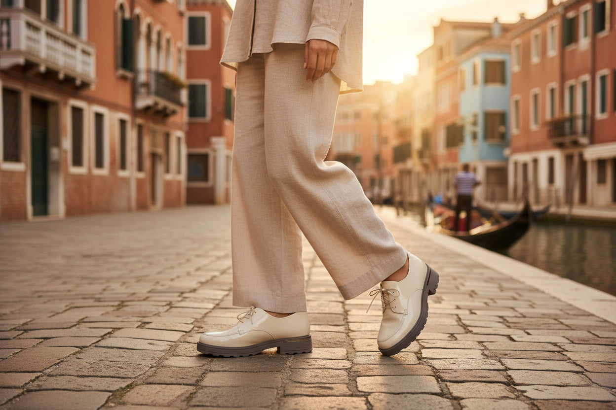 Person in beige suit and shoes standing on a cobbled street with colorful buildings and a canal in the background.