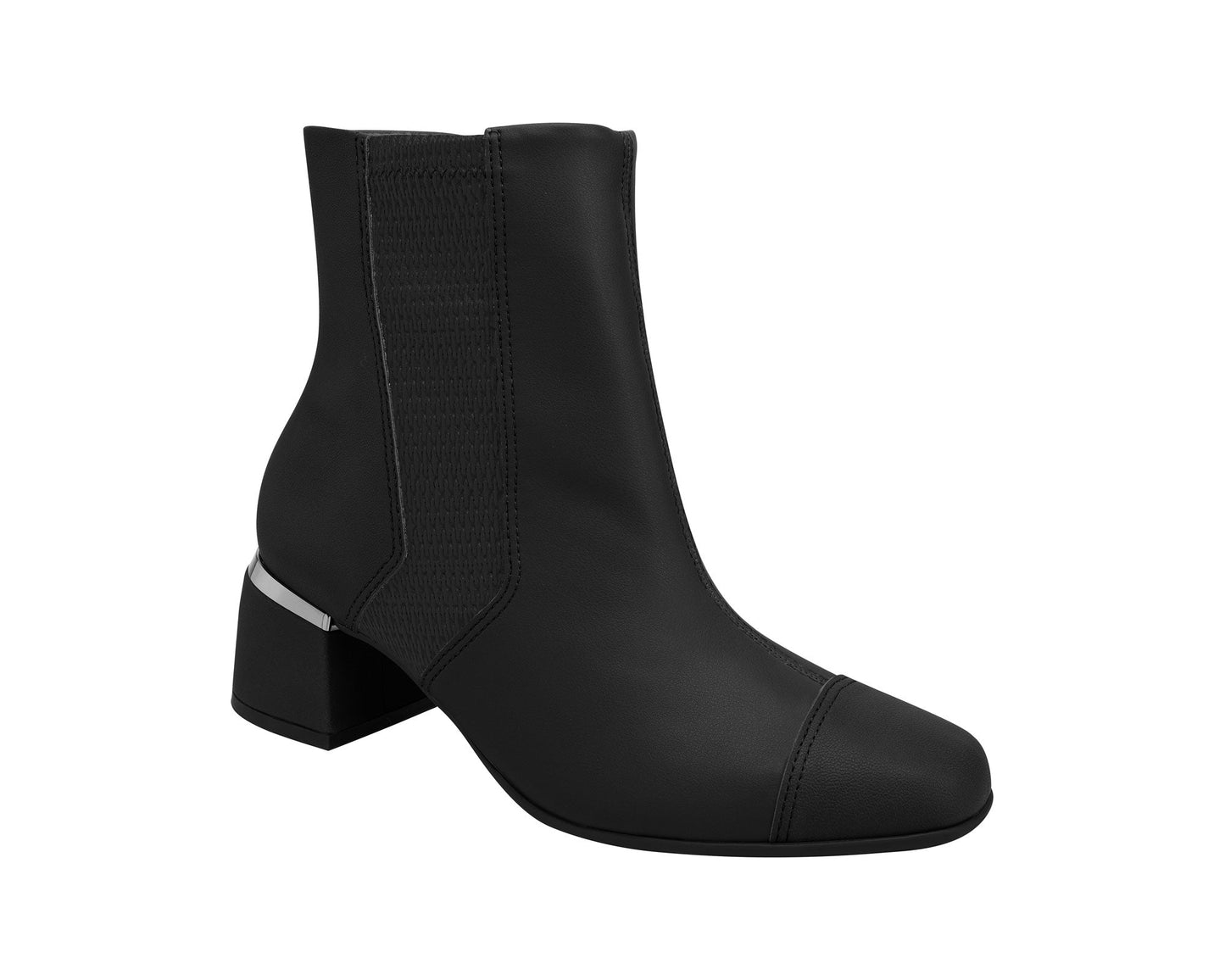 The Piccadilly Striking Low Heel Ankle Boot Maxitherapy - Soft Black (Ref 748028-05) features a comfort footbed, side elastic panels, and a silver-accented block heel, shown against a white background.