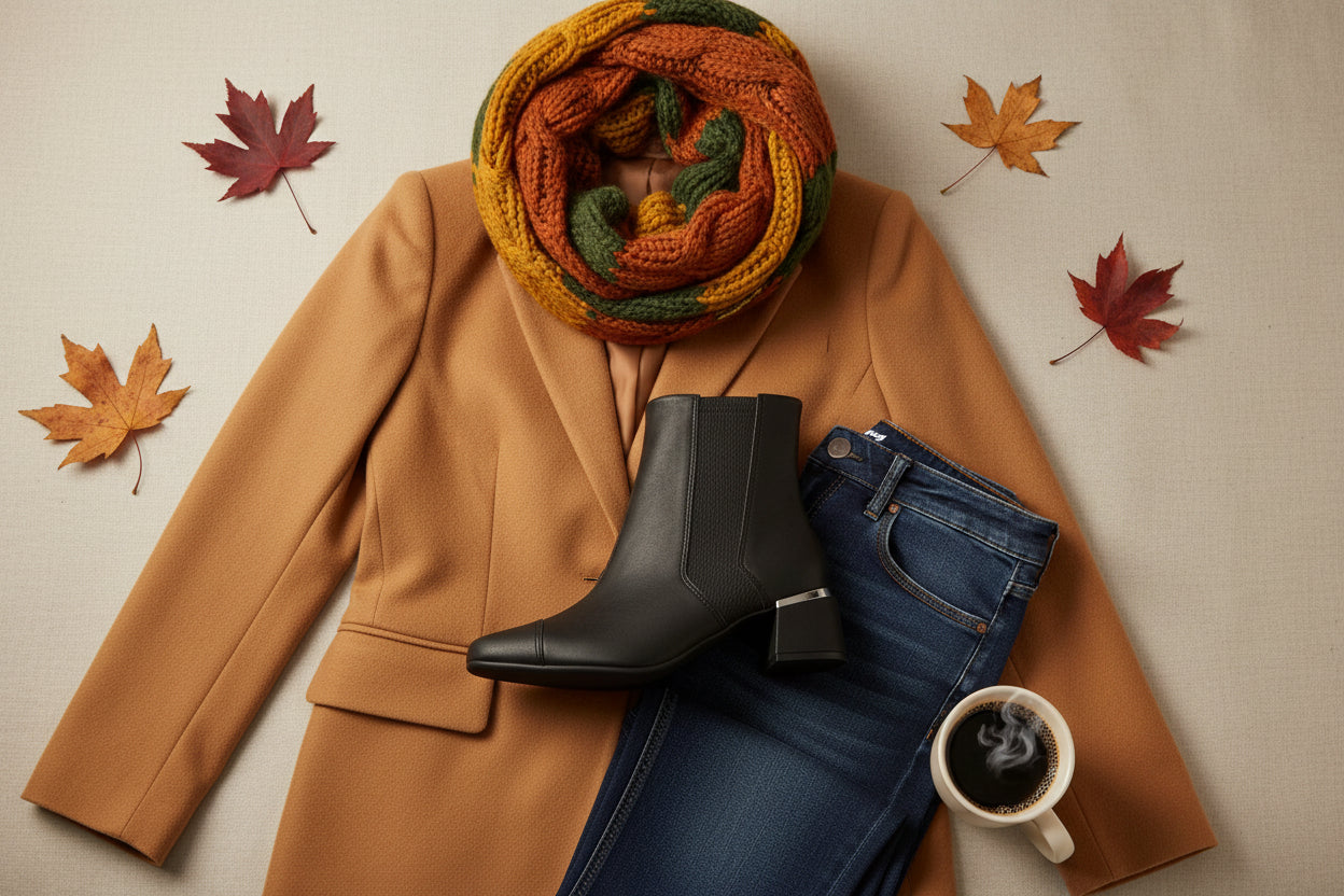 Flat lay of a tan blazer, blue jeans, Piccadilly Striking Low Heel Ankle Boot Maxitherapy - Soft Black, multicolored knit scarf, cup of coffee, and four autumn leaves on a beige background.