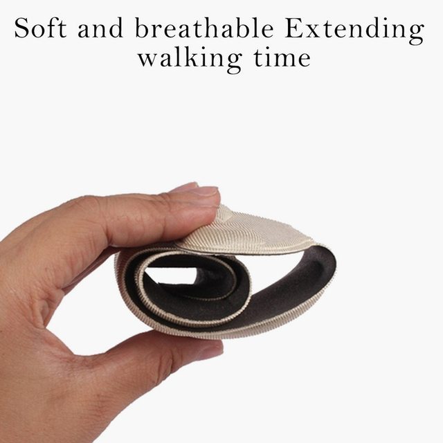A hand holds and bends a Nude High-Heel Fashion Insole for Women, showing its soft, flexible design. The text above reads: Comfortable and breathable – extends walking time. 1 pair of inserts included.