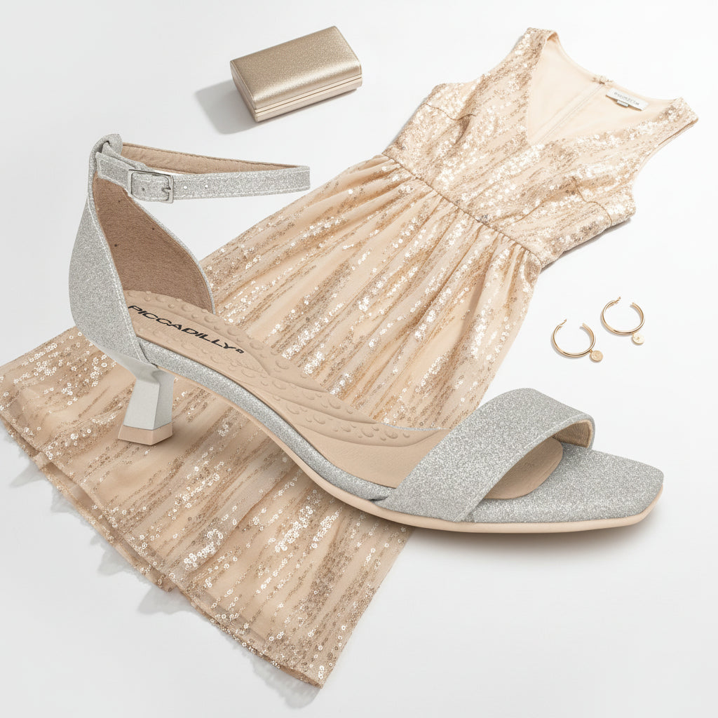 A flat-lay of a sparkly beige sequin dress, matching clutch, two gold hoop earrings, and one Piccadilly Ref 588006 Dazzle and Shine Special Occasion Sandal arranged elegantly on a white background.