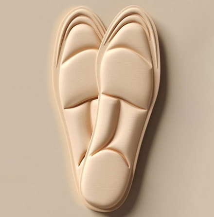 A pair of Nude High-Heel Fashion Insoles for Women are displayed side by side on a beige background, showcasing their comfortable, breathable design and stylish contours that mimic the shape of high-heeled shoes.
