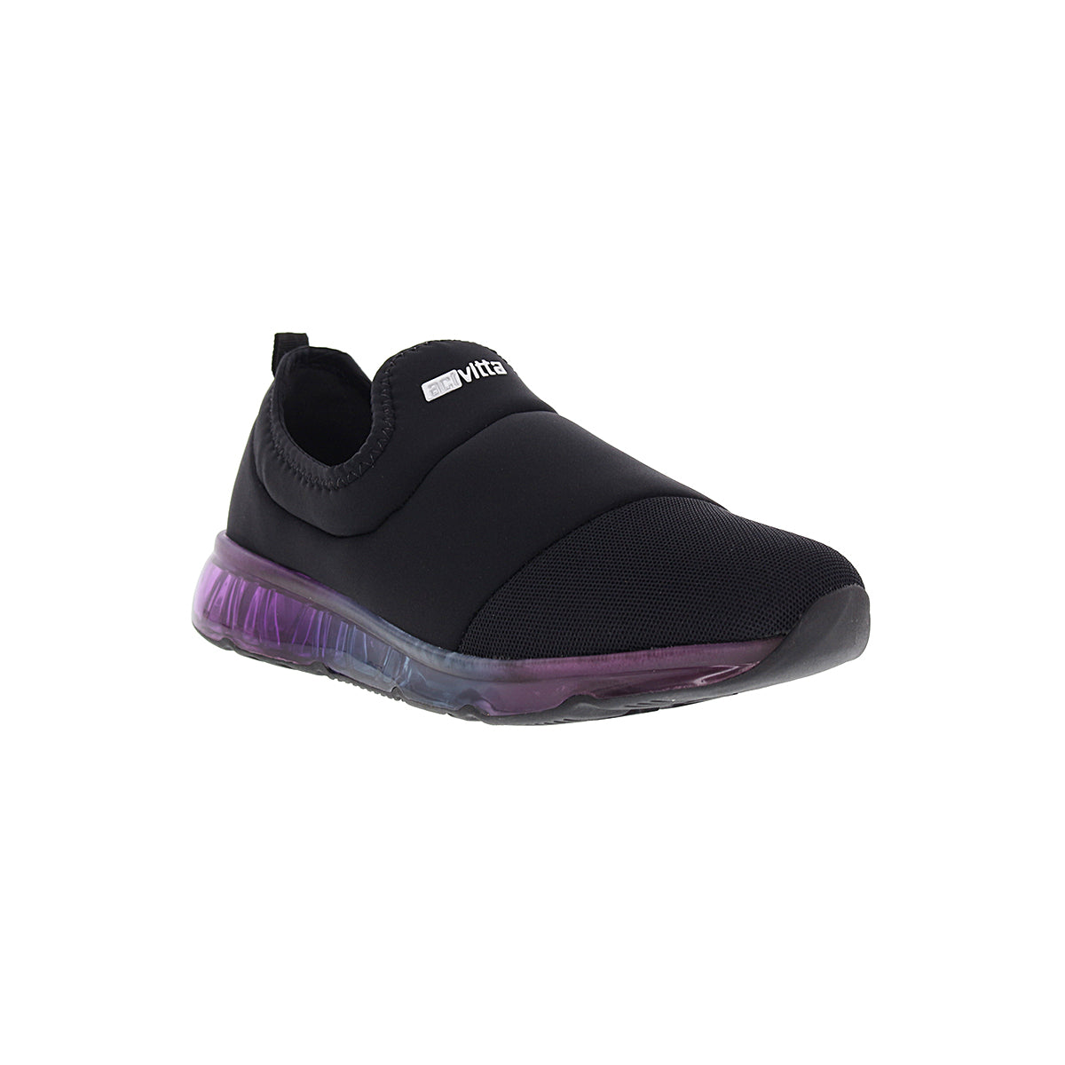 The Activitta 4215.606 Women Fashion Sneaker in Black is a black slip-on with a white logo on the tongue and a translucent purple-gradient sole, designed with flexible soles. Displayed on a white background, angled to show its side and front.