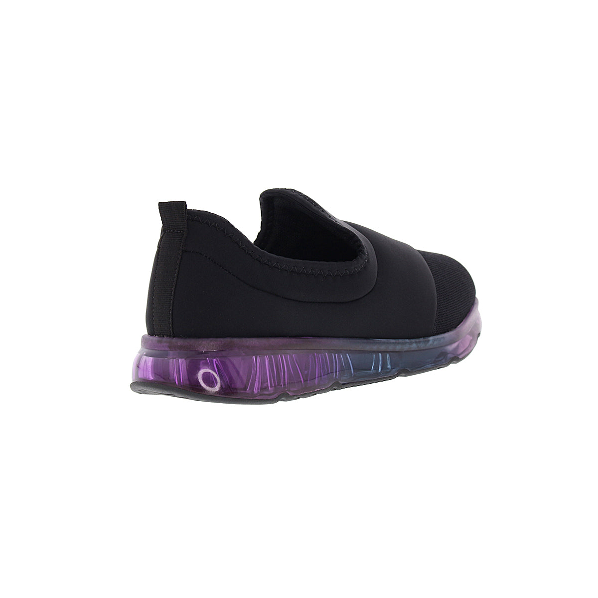 The Activitta 4215.606 Women Fashion Sneaker in Black is a slip-on with a rounded toe and thick, translucent purple-tinted flexible sole, shown from a rear side angle against a white background.
